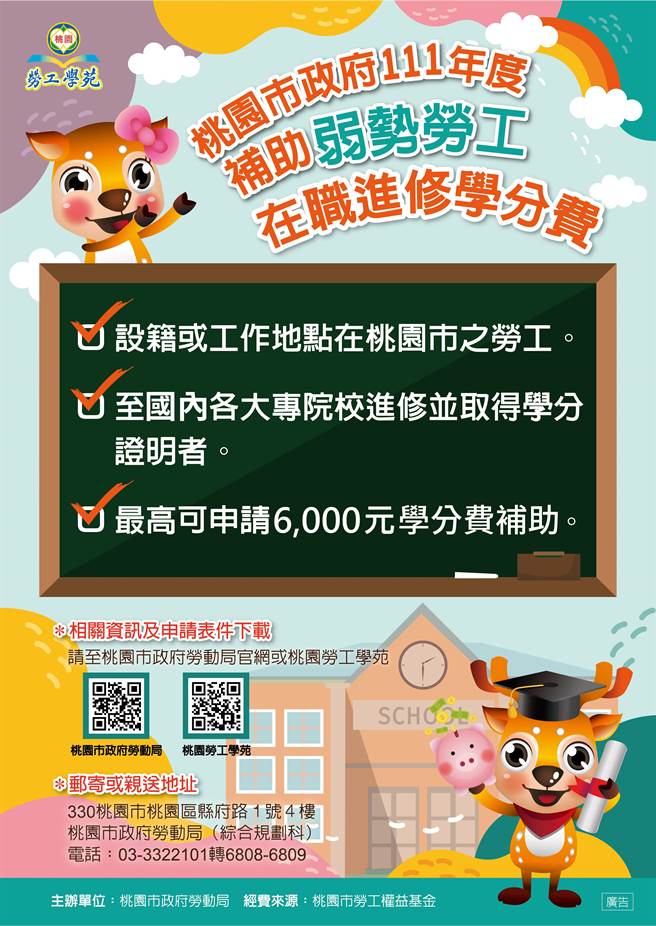 桃市府助弱勢勞工在職進修學分費，最高6000元。(勞動局提供／蔡依珍桃園傳真)