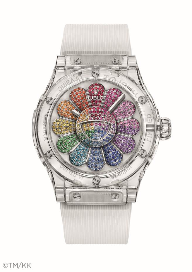 宇舶表與村上隆合作推出經典融合系列村上隆藍寶石彩虹腕表，限量100只，327萬元。（HUBLOT提供）