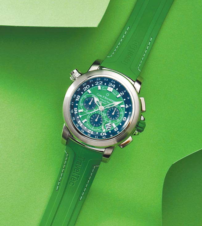 宝齐莱柏拉维（Patravi）系列三地时间计时码表向来深受表迷喜爱，搭配活力时尚的翠绿色表盘，外型更加分，35万元。（Carl F. Bucherer提供）