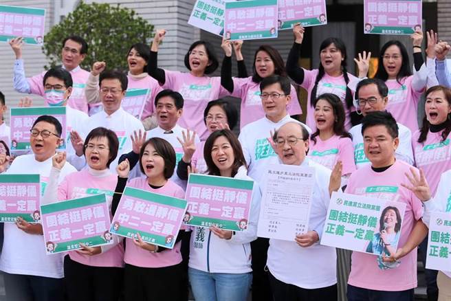 台中市第二选区立委补选将于1月9日投票，民进党立法院党团29日邀集立委齐聚一堂力挺立委候选人林静仪（前排右三），党团总召柯建铭（前排右二）更象徵性发布「甲级动员令」，要求立委们在投票前到中二选区衝刺选情，也意味对林发布「甲动」，要她当选后回到党团继续努力。（黄世麒摄）
