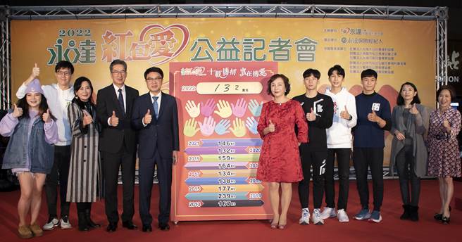 体操国手唐嘉鸿（右3起）、拳击国手林郁婷及游泳国手王冠闳都出席永达「红包爱」公益记者会。（永达社会福利基金会提供）