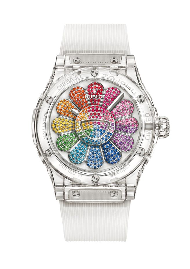 宇舶表與村上隆合作推出經典融合系列村上隆藍寶石彩虹腕表，限量100只，售價327萬元。（HUBLOT提供）