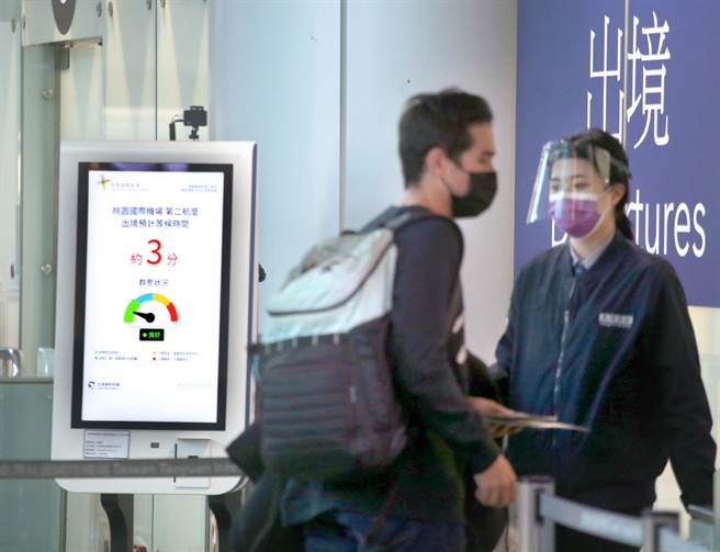 圖為出境人流分析系統，可顯示旅客所需的排隊時間。（范揚光攝）