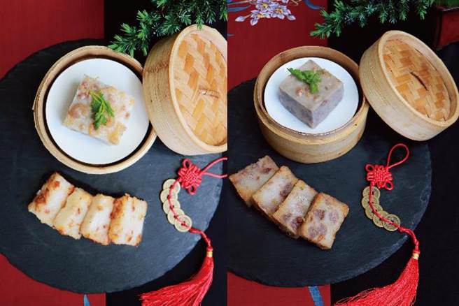 涵碧楼推出的伴手礼步步高升提袋组，包含瑶柱腊味萝卜糕、古味香葱芋头糕2款糕点。（涵碧楼提供）