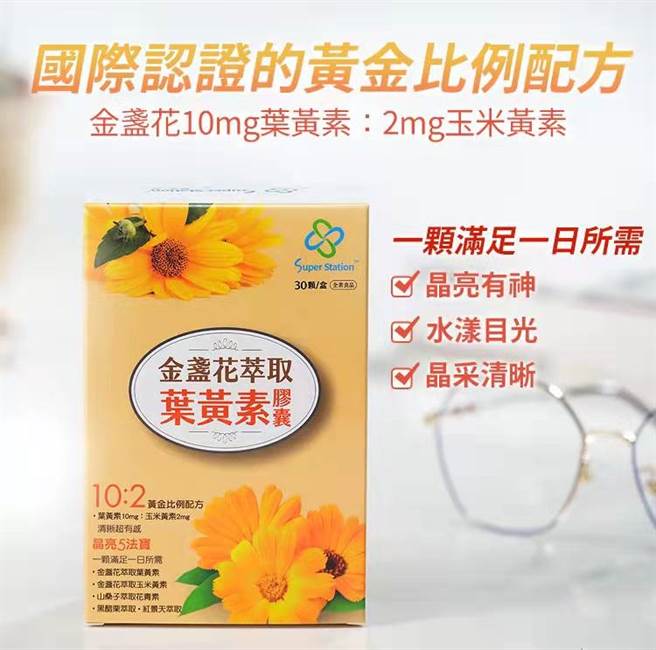 超级站金盏花萃取叶黄素胶囊採用国际认证黄金比例配方。(图／超级站提供)