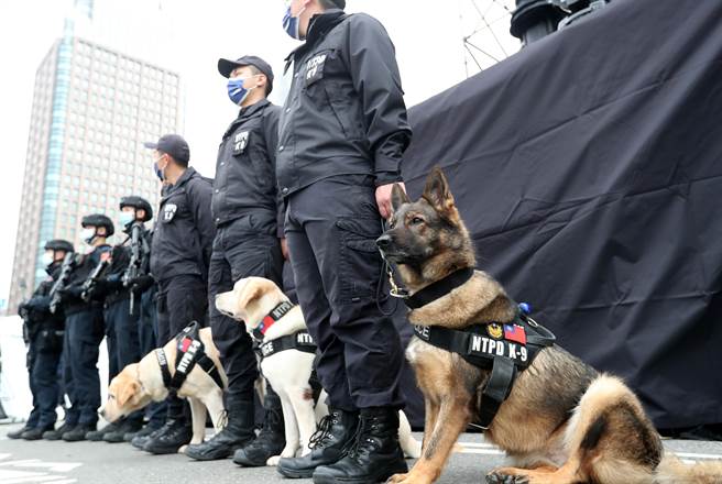 特勤中隊警員與三名警犬「福星」、「多多」與「露比」列隊進入會場準備執行任務。（鄭任南攝）