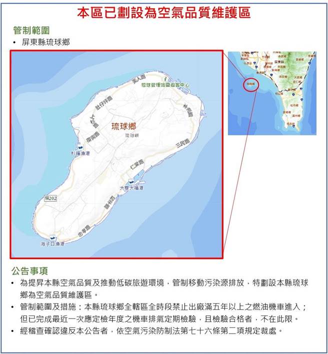 屏縣府依空氣汙染防制法第40條規定，畫設小琉球為「屏東縣琉球鄉空氣品質維護區」。（屏縣府提供／謝佳潾屏東傳真）