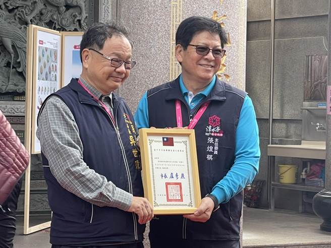 潭水亭觀音媽廟元旦舉行就職典禮暨CIS發表會，民政局長吳世瑋上午出席。（潭水亭觀音媽廟提供）
