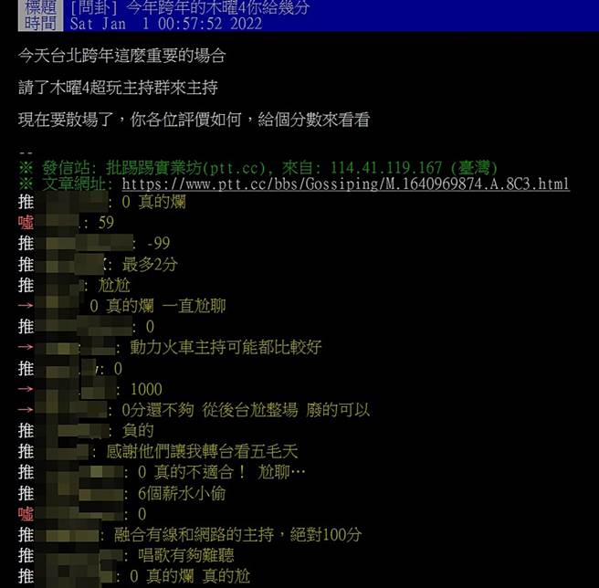 PTT网友批评这回台北跨年主持人表现不佳。（图／翻摄自PTT）