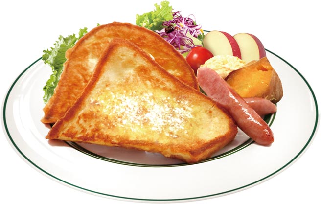 〈幸福特餐〉是麦味登自2005年推出盘餐后的经典组合，以铁板慢火烘煎的法国吐司搭配德式香肠与鲜蛋沙拉，顺应健康取向改为六色沙拉并增加半颗地瓜。图／扬秦国际企业