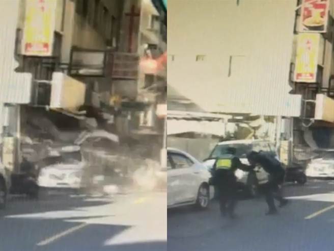 台中1间滷味店气爆，巷口监视器拍下恐怖气爆瞬间，当时滷味店旁就站着2名员警，当时店内突然发出巨响，大量粉尘与物品随即从店内炸出。（警方提供）