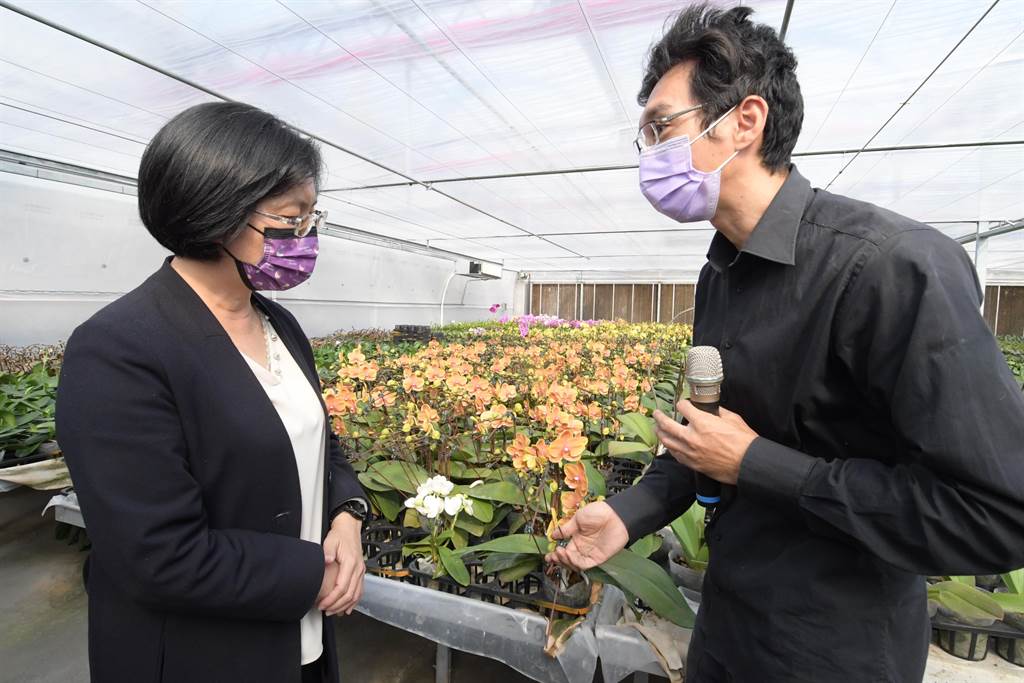 張善筆（右）在溫室蘭園內向彰化縣長王惠美說明其科技化栽培管理模式。（謝瓊雲攝）