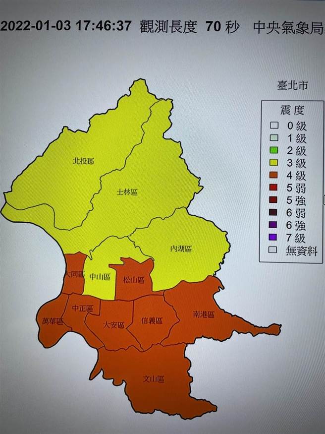 北市下午发生地震震度达4级，北市灾害应变中心已提升为强化三级开设。（台北市政府提供／张立勋台北传真）

