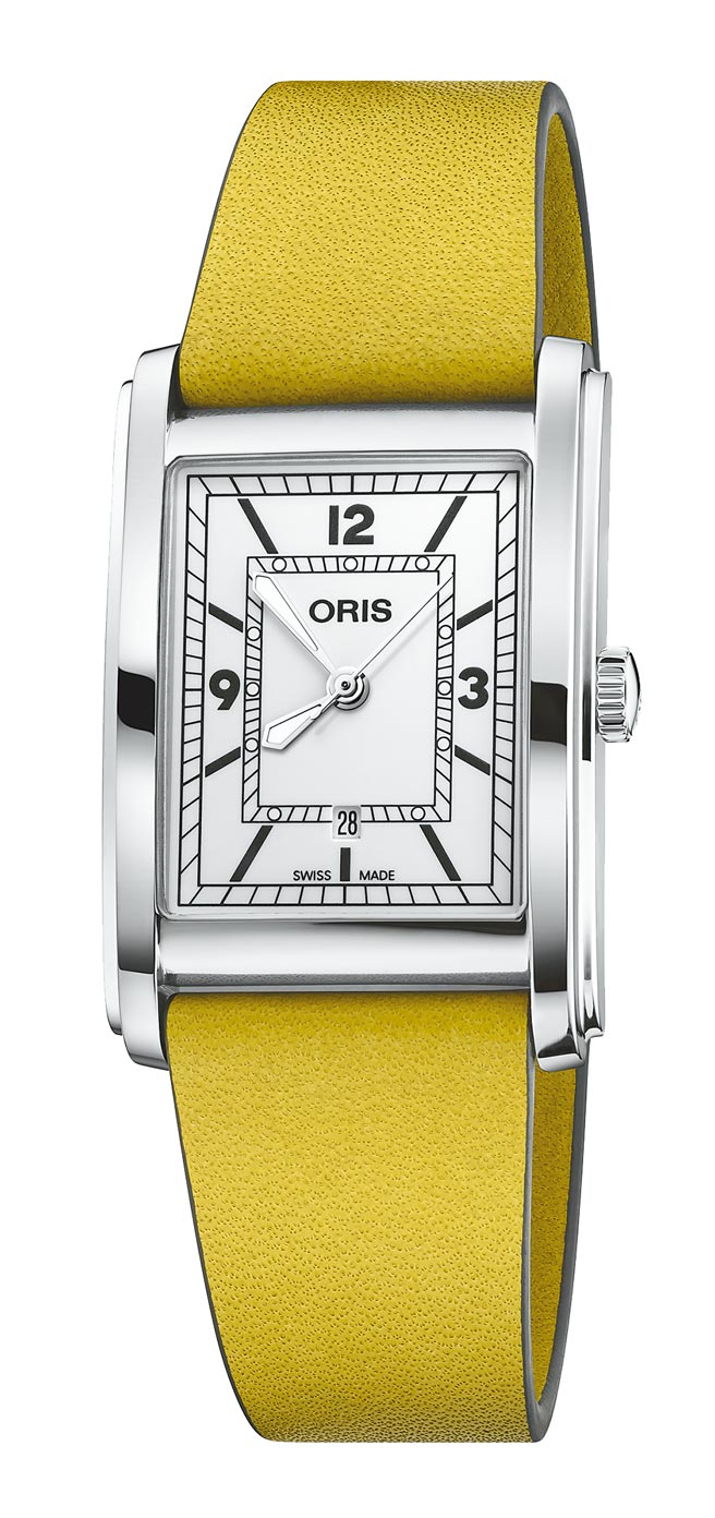 ORIS Rectangular白色表盘方形腕表，鲜黄色皮表带，5万5000元。（ORIS提供）