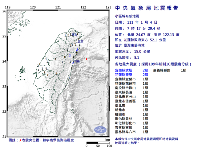 今早7點17分發生規模5.1地震，最大震度宜花2級。(氣象局提供)