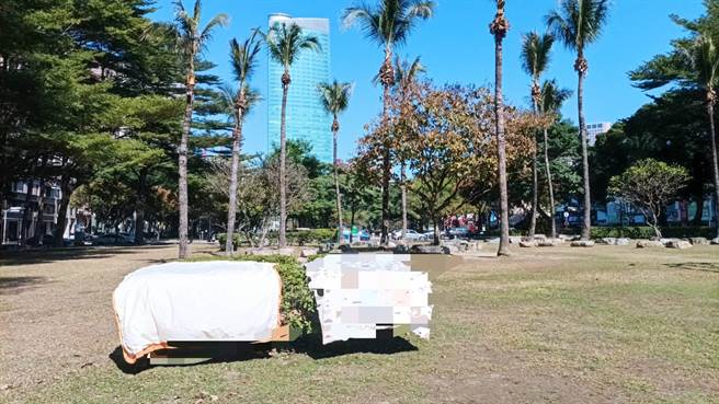 台中市天气回暖，趁着冬阳露脸，有民眾扛来两大床棉到绿园道，重压在植栽上晒棉被。（民眾提供／卢金足台中传真）