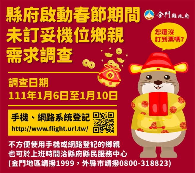 金門縣府1／6啟動春節期間未訂妥機位鄉親需求調查。（金門縣府觀光處提供）