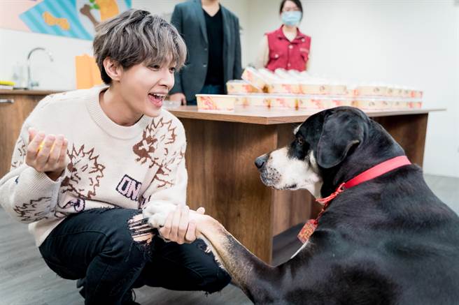 艺人炎亚轮自制宠物水饺跟萝卜糕要帮板桥动物之家的毛宝贝加菜，并与园区与园狗大头开心互动。（新北市动保处提供）