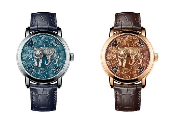 江诗丹顿（Vacheron Constantin）的Metiersd’Art艺术大师系列The Legend of the Chinese Zodiac中国十二生肖传奇限量表，今年推出两款虎年限量表，分别是玫瑰金与铂金两种款式。（江诗丹顿提供）