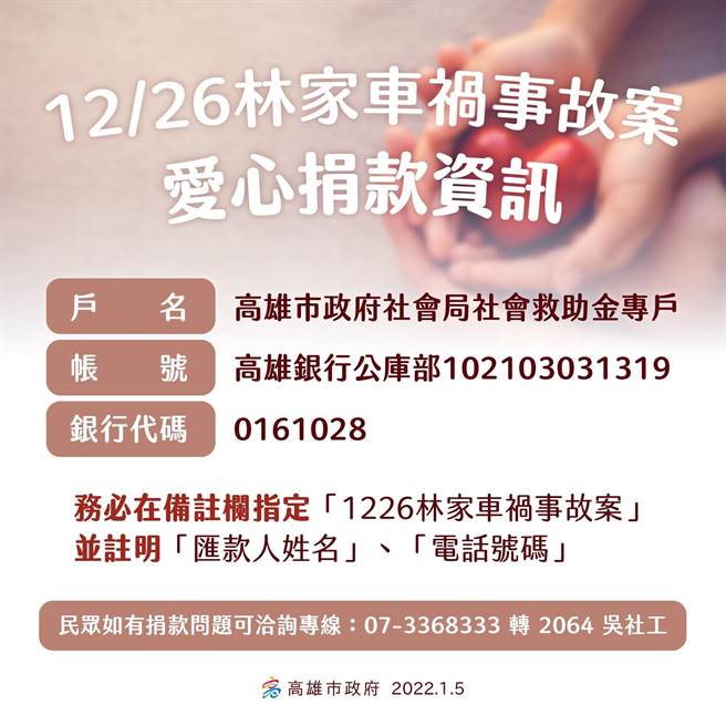 高雄市社會局成立社會救助金專戶，籲請民眾捐款幫助林家人。（高雄市社會局提供／林瑞益高雄傳真）