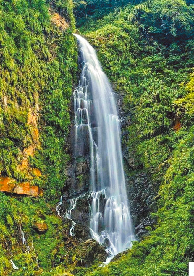 觀音瀑布從崖頂傾洩而下，因遠觀狀似側身而立的觀音佛祖而得名。（觀音瀑布社區產業合作社提供／張亦惠嘉縣傳真）