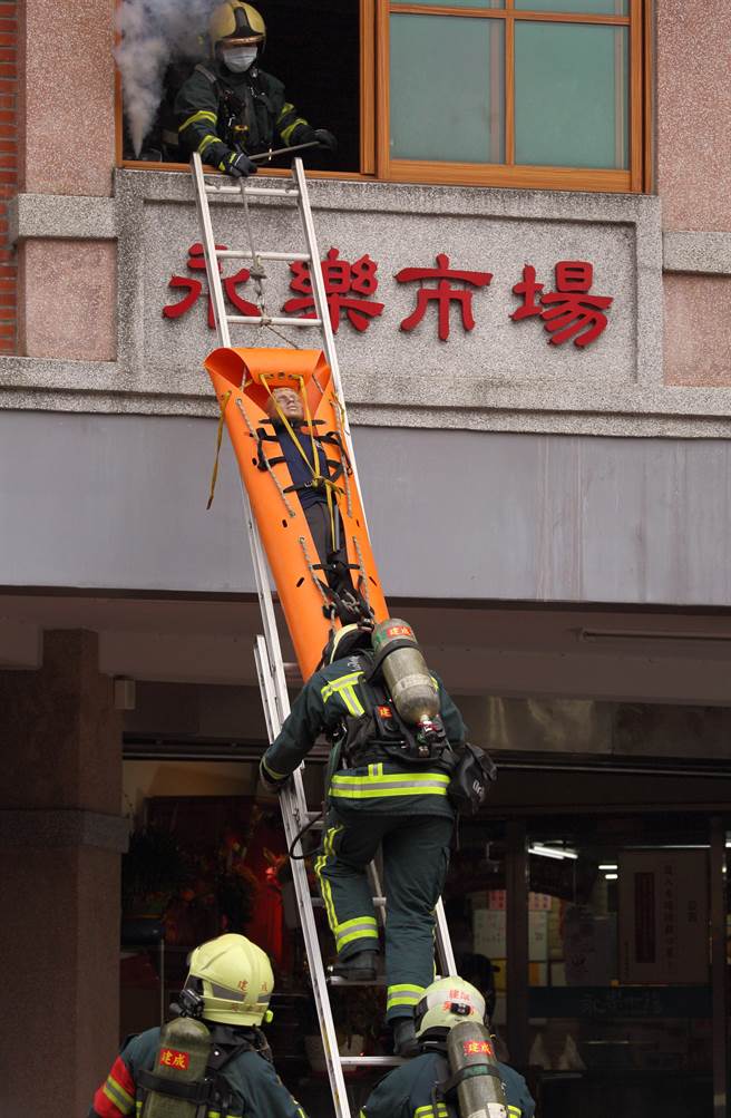 「2022臺北年貨大街消防演習」，圖為搜救隊員使用捲式擔架搶救傷患。（張鎧乙攝）
