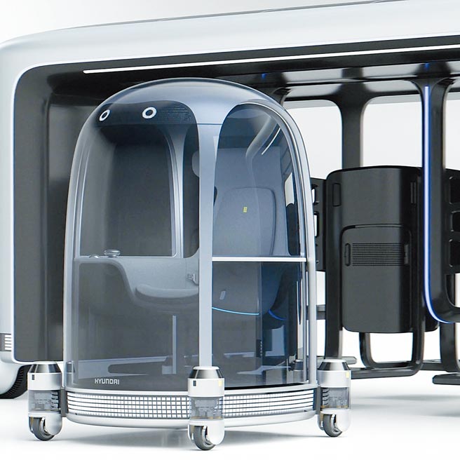 現代發表Plug & Drive模組化個人移動載具可接合於後方的大型車輛。（HYUNDAI提供）