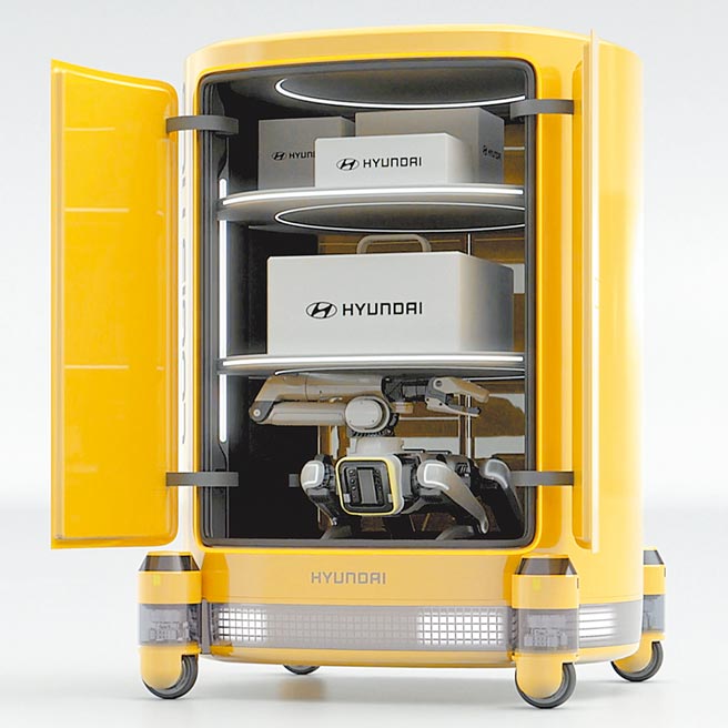 Plug & Drive模組化物流車同時載有貨品及仿生機器人（下方儲物格）。（HYUNDAI提供）