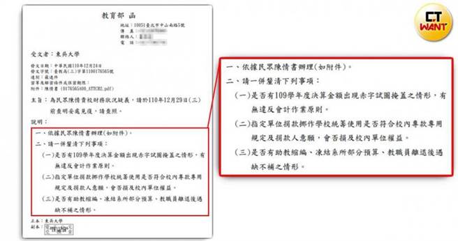 本刊独家取得教育部公文，教育部要求东吴大学说明财务状况、捐款用途、助教缩编等疑问。（图／读者提供）