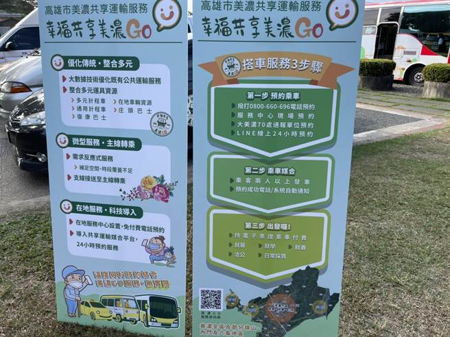 「幸福共享美浓GO!」媒合公车式小黄、復康巴士还有通用计程车等，透过电话、Line等等多元的预约方式，提供民眾点对点的交通服务。（洪靖宜摄）