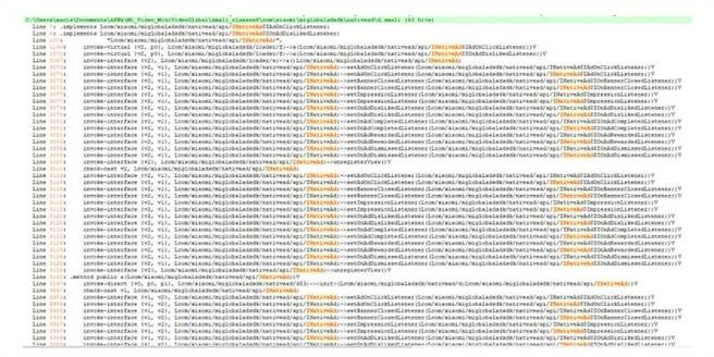 图为外媒XDA的资深编辑Adam Conway在小米装置的Mi Video Global中，找到了「INativeAd」，其为小米全球广告软件开发工具包（SDK）。（翻摄XDA）