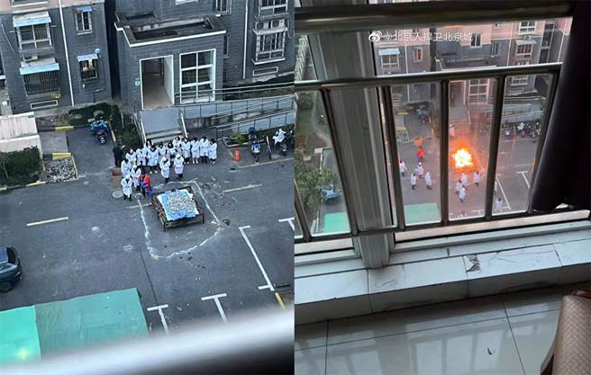 微博上疯传数张道士在社区内「火化尸体」的照片，引起民眾恐慌。（图／翻摄自微博）