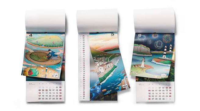 交通部觀光局推出超文青月曆，每個月份都有2款，包括清新插畫和實景美照，相當精美。（參山處提供／黃國峰台中傳真）