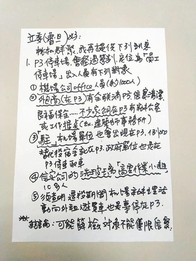 有民眾對立委魯明哲陳情，指機場P3停車場是員工停車場，出入包含機場員工、外包商、替代役、政府駐機場單位，出入混雜，希望擴大採檢。（魯明哲辦公室提供／賴佑維桃園傳真）