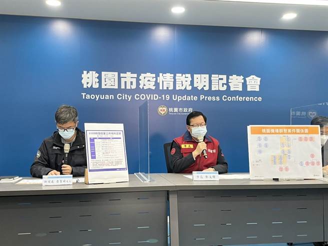 桃园市长郑文灿9日主持疫情说明记者会，宣布10日起桃园有加严防疫措施，请民眾配合。（陈梦茹摄）