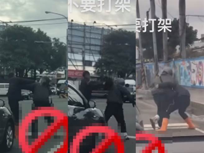 骑士先是拿安全帽狂砸另1人， 2男在马路上不断大吼叫嚣，最后回到停等区牵起机车后，戴安全帽男子甚至将对方头部架住拖到一旁，再朝对方脸部挥拳。（翻摄自脸书「爆料公社公开版」）