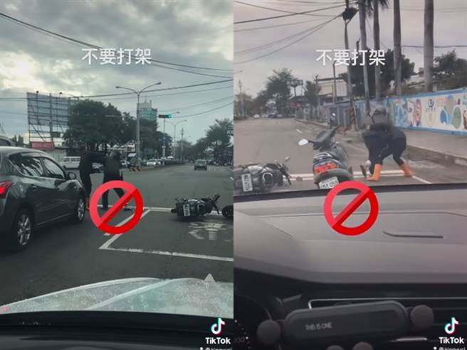 骑士先是拿安全帽狂砸另1人， 2男在马路上不断大吼叫嚣，最后回到停等区牵起机车后，戴安全帽男子甚至将对方头部架住拖到一旁，再朝对方脸部挥拳。（翻摄自脸书「爆料公社公开版」）