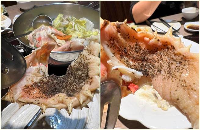 网友分享帝王蟹肉上密密麻麻的寄生虫卵。（翻摄脸书社团《●【爆废公社】●》）