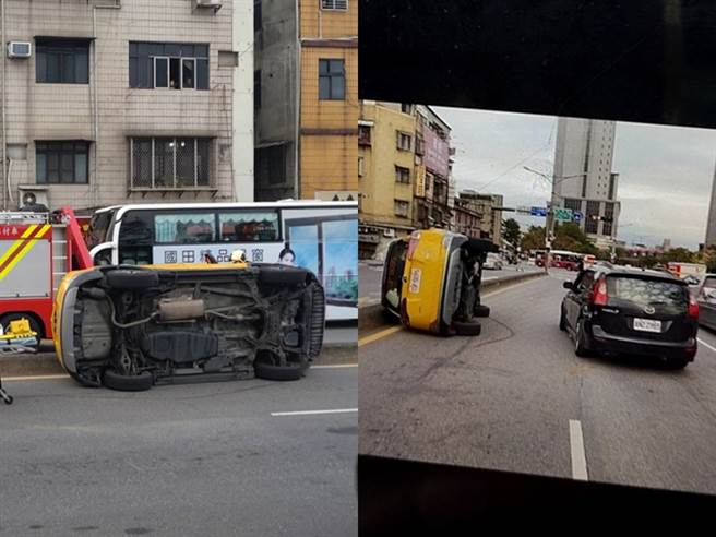 台北市萬華區西園路口和艋舺大道今（10）下午發生1輛計程車因不明原因失控暴衝，先是撞擊1輛黑車的左後方後再一路衝向中央分隔島後翻覆在路中。（記者張達智拍攝、翻攝照片）