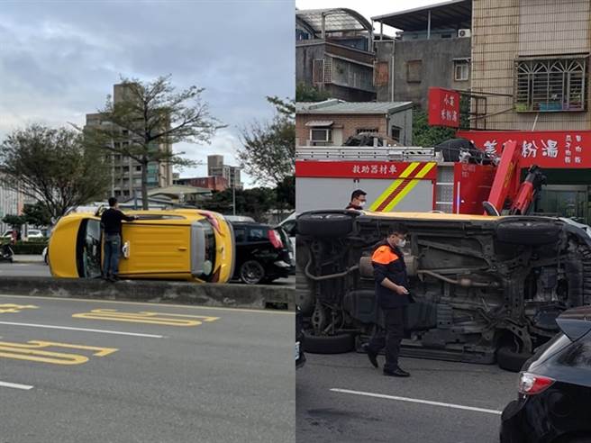 台北市萬華區西園路口和艋舺大道今（10）下午發生1輛計程車因不明原因失控暴衝，先是撞擊1輛黑車的左後方後再一路衝向中央分隔島後翻覆在路中。（記者張達智拍攝、民眾提供）