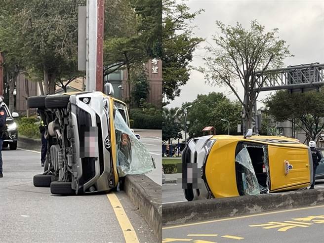 台北市萬華區西園路口和艋舺大道今（10）下午發生1輛計程車因不明原因失控暴衝，先是撞擊1輛黑車的左後方後再一路衝向中央分隔島後翻覆在路中。（民眾提供）