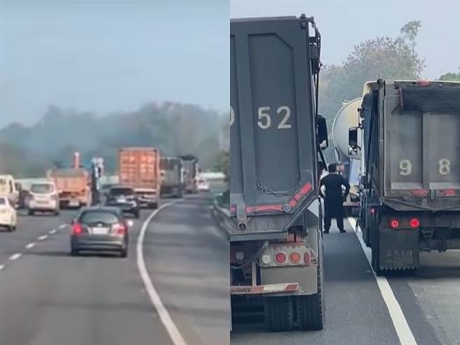 砂石车日前因超重拒磅逃逸，在国道随意变换车道、穿梭车阵欲甩开警方，危险行为让砂石车周围的水泥车、货车等驾驶看不下去，当街上演「合力大围堵」。（翻摄自脸书「记者爆料网」）