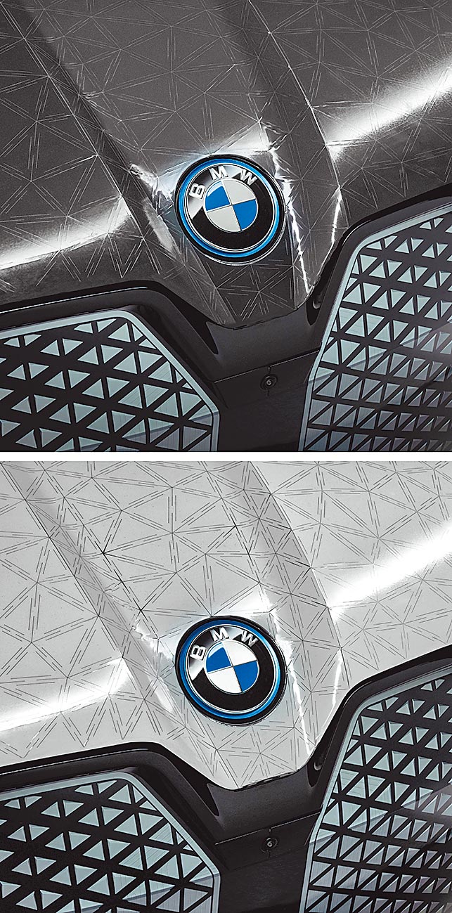 BMW iX Flow概念車的表面有各種不同的弧度曲線，E Ink可變色電子紙都能完整貼合。（BMW提供）