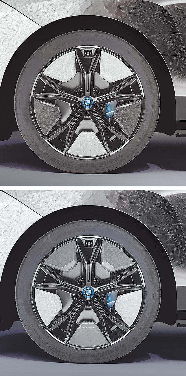 BMW iX Flow概念車輪圈上的E Ink可變色電子紙能各自做出不同的色彩變化。（BMW提供）