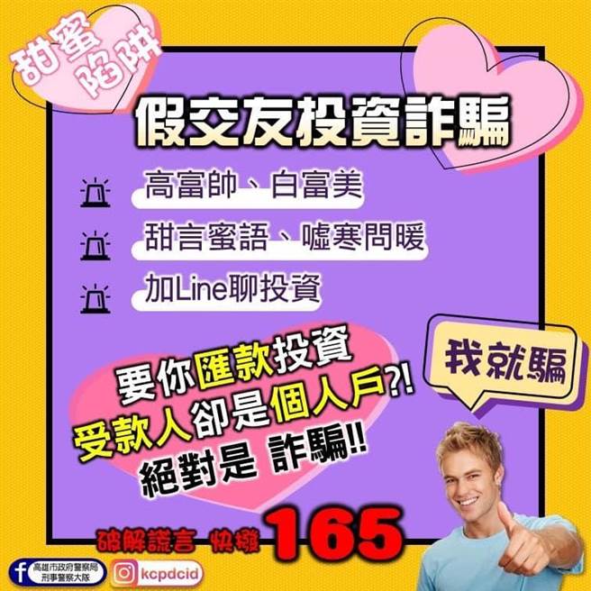 高市诈欺案件攀升，第1名仍以「假投资」居冠，图为市刑大宣导假交友投资诈骗的宣导图卡。（翻摄自高雄市刑大脸书官网／石秀华高雄传真）