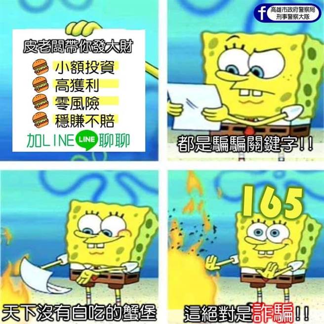 警方利用海棉宝宝宣导假投资诈骗的关键字。（翻摄自高雄市刑大脸书官网／石秀华高雄传真）