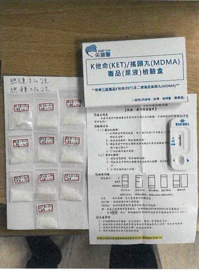 警方查获郭男身上有10包毒咖啡包与10包K他命等毒品。(翻摄照片／林郁平台北传真)