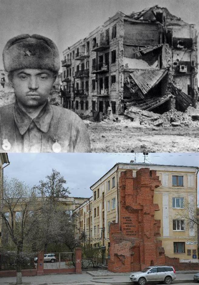 在蘇聯衛國戰爭時期，許多城市的軍民為了保衛家園與德國法西斯進行了殊死的鬥爭。為了表彰這種大無畏的精神和英雄事蹟，蘇聯最高蘇維埃主席團特授予這些城市英雄城市的稱號。1942年7月至1943年2月，史達林格勒軍民浴血奮戰了200多個日日夜夜，瓦解了德國法西斯的進攻並將德軍殲滅。史達林格勒的勝利成了第二次世界大戰的轉捩點，扭轉了二次大戰的戰局。如今，史達林格勒已改名為伏爾加格勒。圖為在史達林格勒拍攝的士兵巴甫洛夫與巴甫洛夫大樓的合成資料照片。巴甫洛夫曾帶領20多人在大樓與數倍於己的德軍浴血奮戰，最終獲得了勝利。大樓因此被命名為巴甫洛夫大樓。下圖是2015年4月23日拍攝的巴甫洛夫大樓。如今這裡已經成為了一處民宅，但仍保留一處斷墻作為遺址並留有紀念的銘文。（圖文：新華社）
