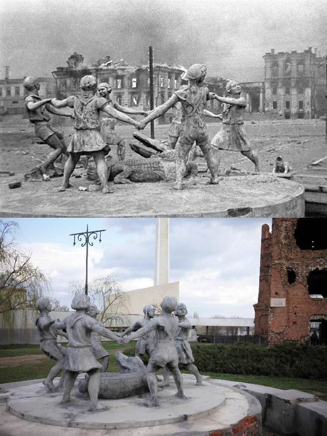 上圖為1942年8月1日在史達林格勒（後改名伏爾加格勒）拍攝的巴爾馬列伊噴泉。這座展示少先隊員歡快舞蹈的噴泉坐落於伏爾加河畔戰鬥最激烈的地區，歷經戰火卻奇蹟般地保留了下來。下圖為2015年4月22日在俄羅斯伏爾加格勒拍攝的巴爾馬列伊噴泉遺址。（圖文：新華社）