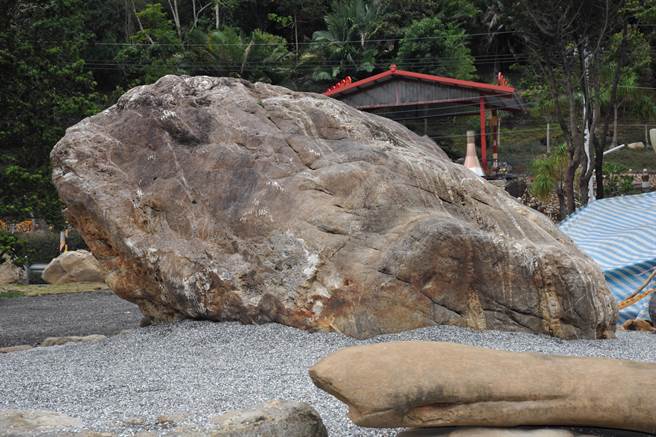 傳統民眾認為蟾蜍能招財聚財、還能鎮宅辟邪，是祥瑞之物，廟方今年在南投山區找到一顆重達48噸的蟾蜍巨石，特別將它運到元寶土地公供民眾參觀聚財。(廟方提供／吳建輝南投傳真)